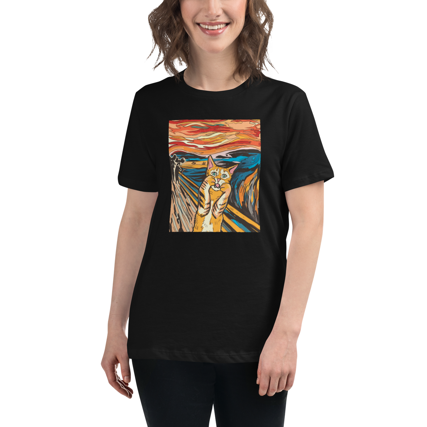 Smiling woman wearing a Black The Screaming Cat Women's Relaxed T-Shirt - Boozy Fox
