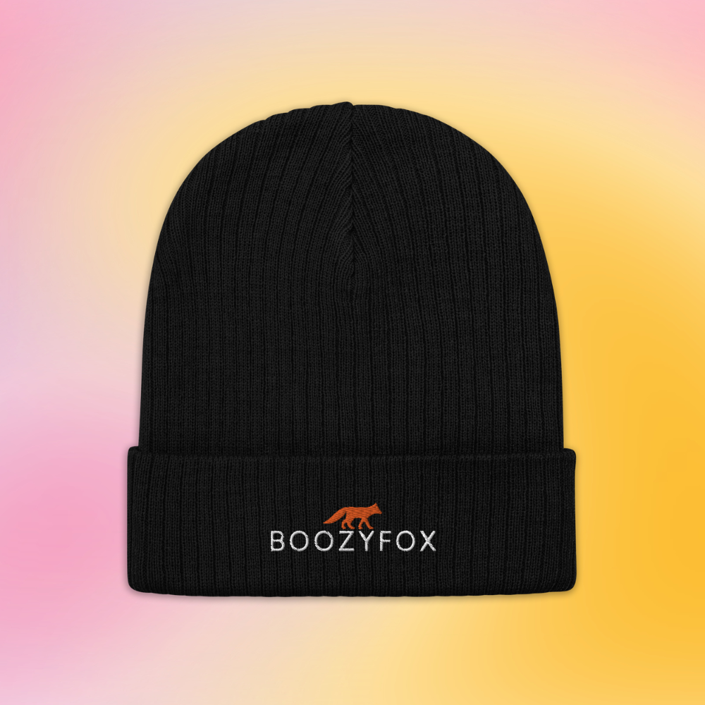 Beanies & Knit Beanies - Winter Hats - Black Ribbed Knit Beanie With An Embroidered Boozy Fox Logo On Fold - Shop Beanies Online - Boozy Fox