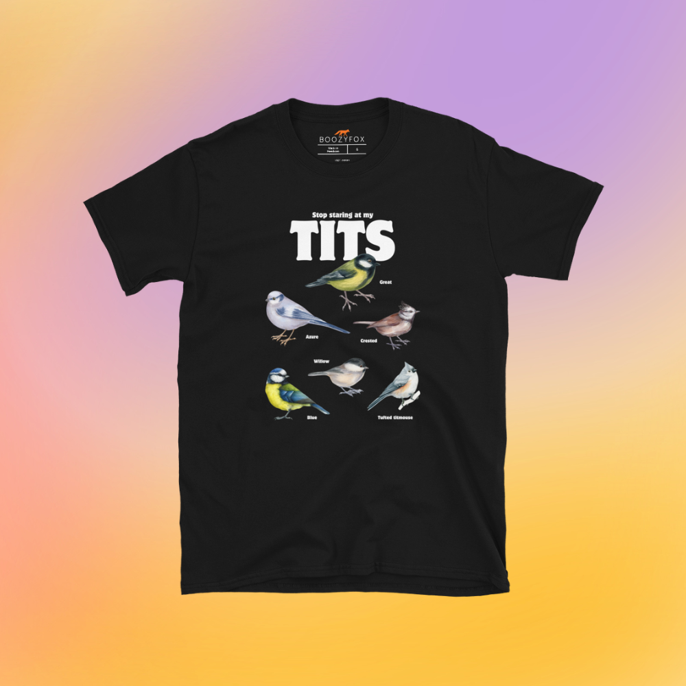 WOMEN'S GRAPHIC T-SHIRTS - Funny Graphic Tees for Women  Boozy Fox - Funny Stop Staring At My Tits graphic t-shirt in black by Boozy Fox