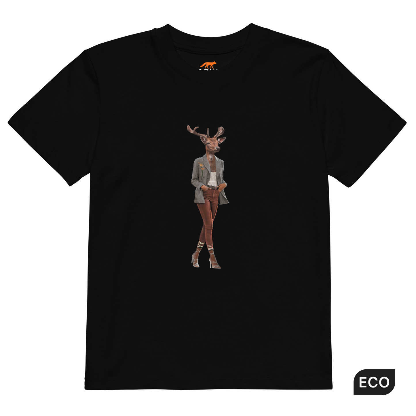 Black Anthropomorphic Deer Organic Cotton Kids T-Shirt featuring an Anthropomorphic Deer graphic on the chest - Kids' Graphic Tees - Funny Animal T-Shirts - Boozy Fox