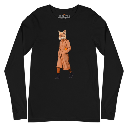 Black Fox Long Sleeve Tee featuring a sly Anthropomorphic Fox In a Trench Coat graphic on the chest - Funny Fox Long Sleeve Graphic Tees - Boozy Fox