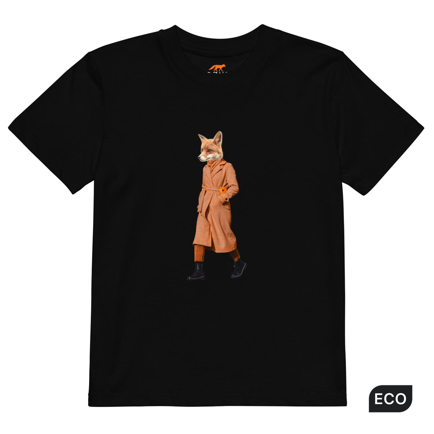 Black Anthropomorphic Fox Organic Cotton Kids T-Shirt featuring an Anthropomorphic Fox In a Trench Coat graphic on the chest - Kids' Graphic Tees - Funny Animal T-Shirts - Boozy Fox