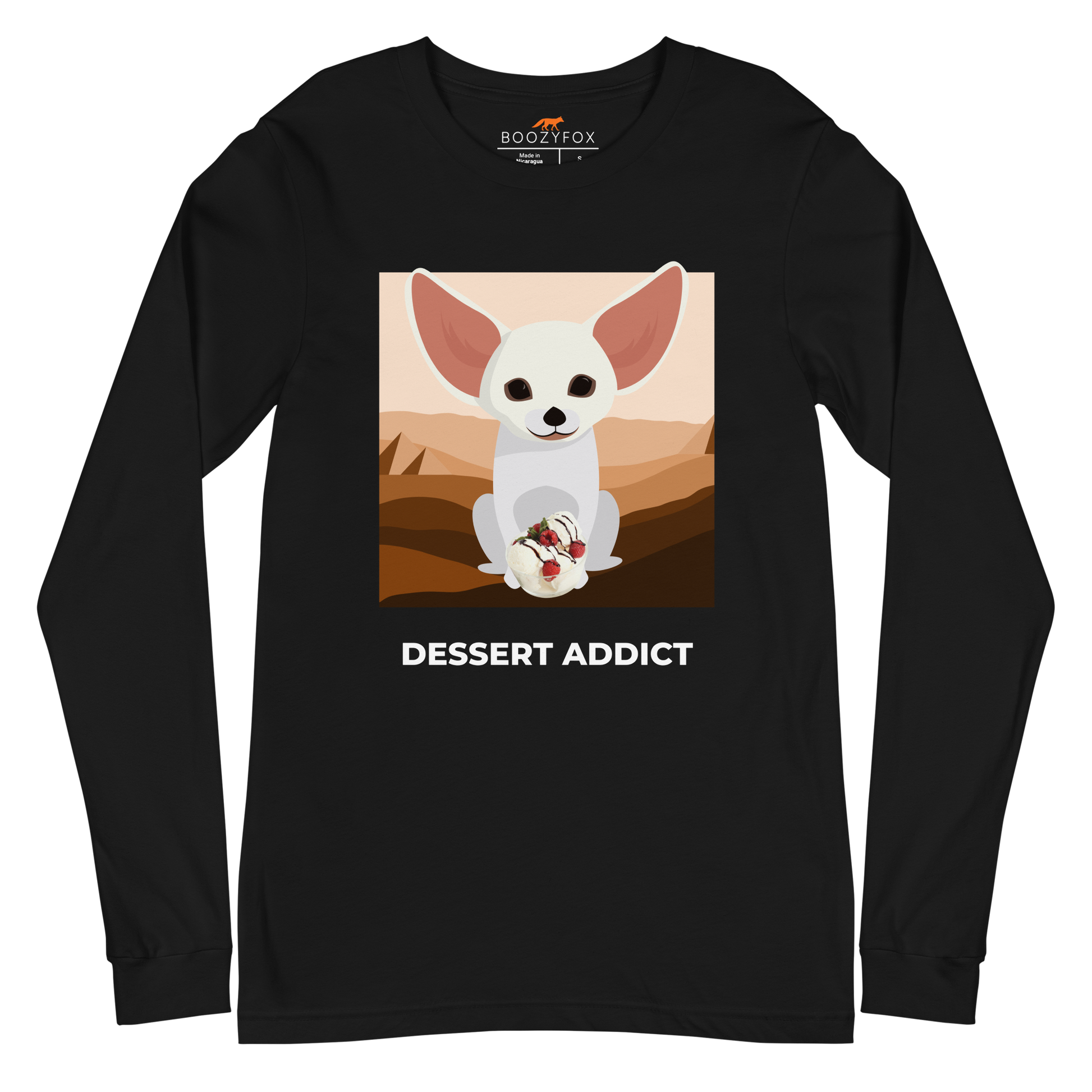 Black Fennec Fox Long Sleeve Tee featuring a delightful Dessert Addict graphic on the chest - Funny Fennec Fox Long Sleeve Graphic Tees - Boozy Fox
