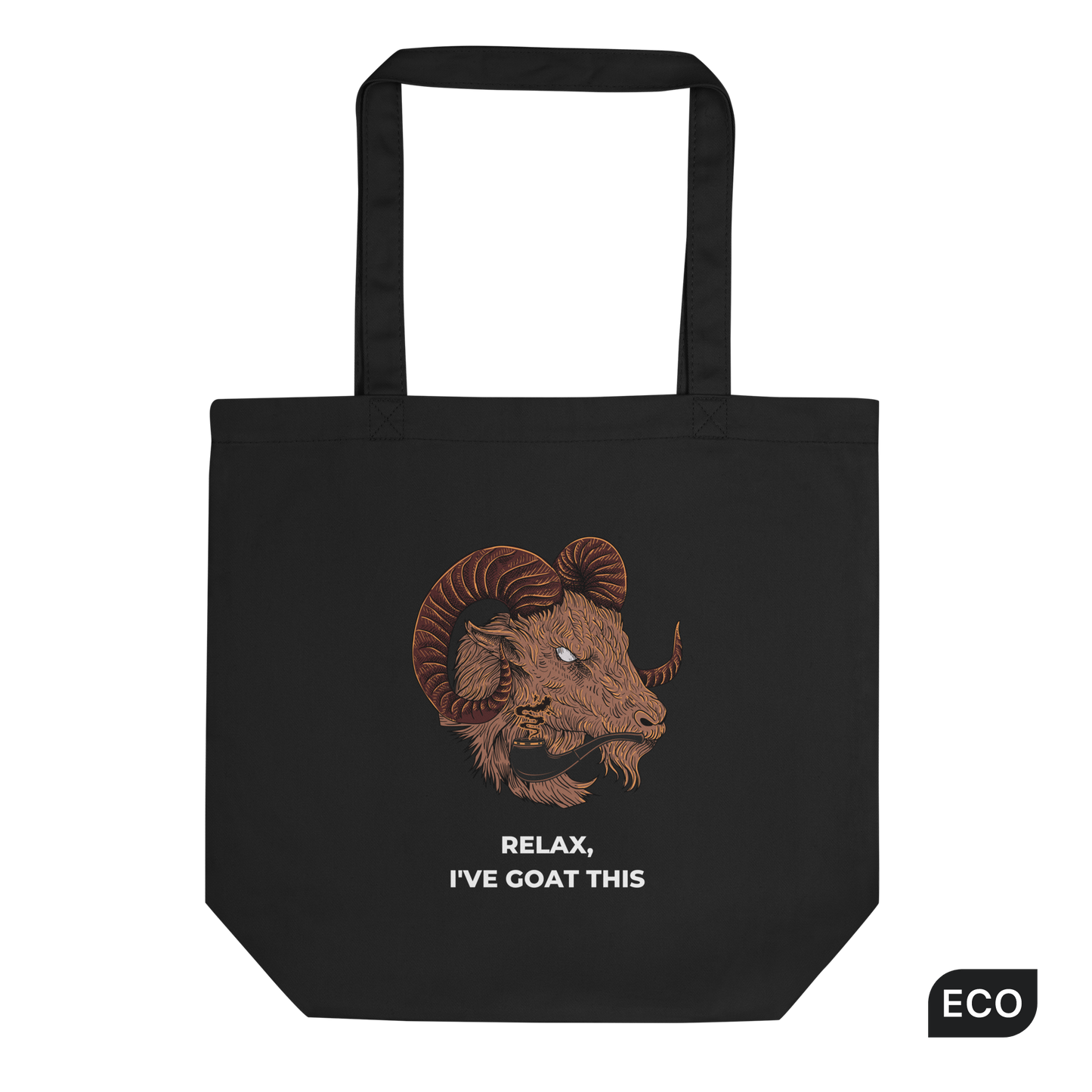 Black Goat Eco Tote Bag featuring a fierce Relax I've Goat This graphic - Shop Tote Bags Online - Boozy Fox