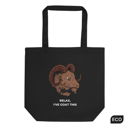 Black Goat Eco Tote Bag featuring a fierce Relax I've Goat This graphic - Shop Tote Bags Online - Boozy Fox