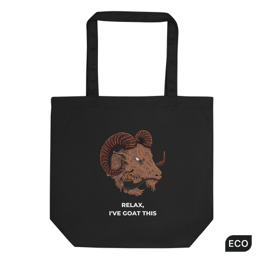 Black Goat Eco Tote Bag featuring a fierce Relax I've Goat This graphic - Shop Tote Bags Online - Boozy Fox