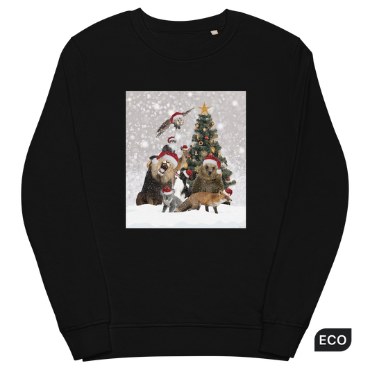Black Organic Christmas Animals Sweatshirt featuring a delightful Christmas Tree Surrounded by Adorable Animals graphic on the chest - Funny Christmas Apparel - Boozy Fox