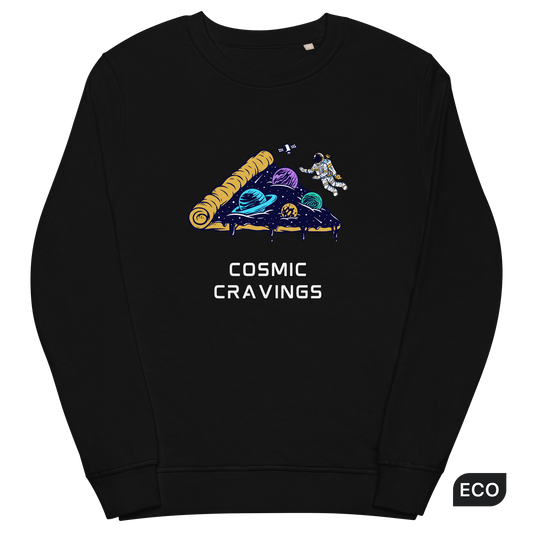 Black Organic Cotton Cosmic Cravings Sweatshirt featuring an Astronaut Exploring a Pizza Universe graphic on the chest - Funny Graphic Space Sweatshirts - Boozy Fox