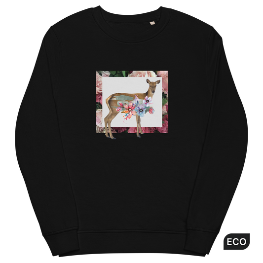 Black Organic Cotton Deer Sweatshirt featuring a stunning Floral Deer graphic on the chest - Cute Graphic Floral Deer Sweatshirts - Boozy Fox