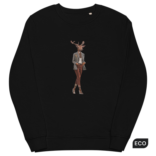 Black Organic Cotton Deer Sweatshirt showcasing a captivating Anthropomorphic Deer graphic on the chest - Cool Graphic Deer Sweatshirts - Boozy Fox