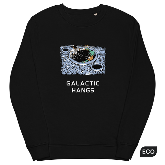 Black Organic Cotton Galactic Hangs Sweatshirt featuring an out-of-this-world graphic of an Astronaut and Alien Chilling Together - Funny Graphic Space Sweatshirts - Boozy Fox