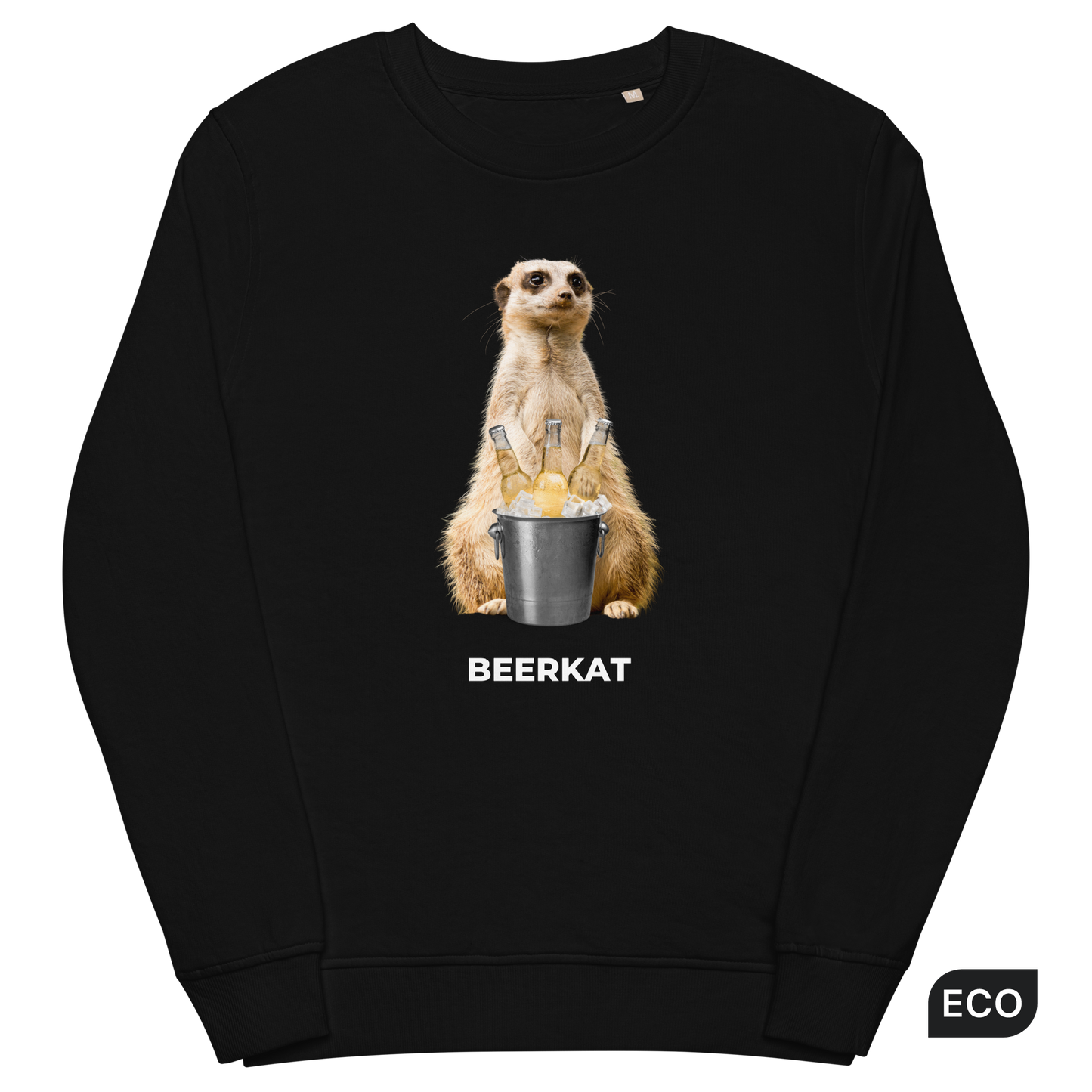 Black Organic Cotton Meerkat Sweatshirt featuring a hilarious Beerkat graphic on the chest - Funny Graphic Meerkat Sweatshirts - Boozy Fox