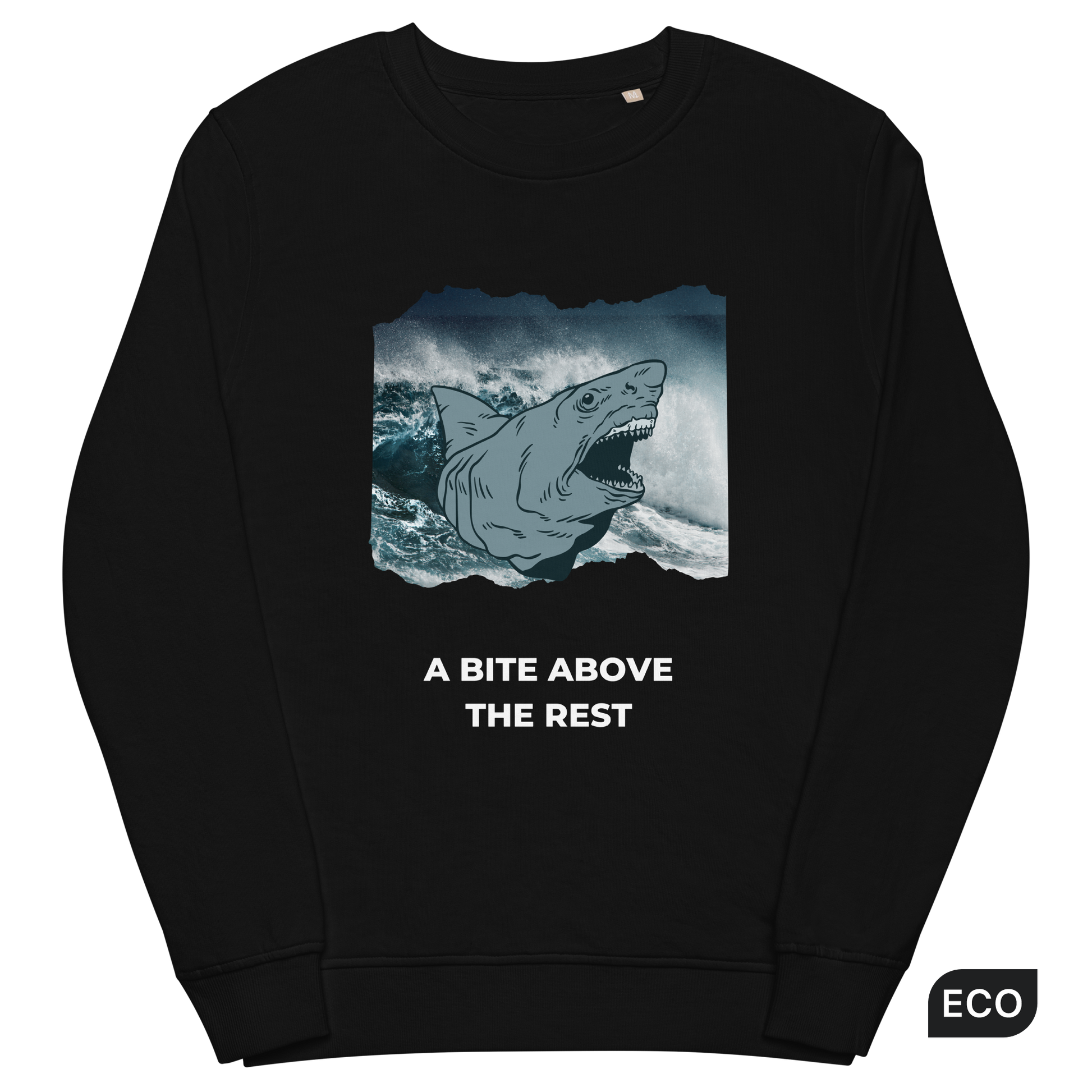 Black Organic Cotton Megalodon Sweatshirt featuring the jaw-dropping 'A Bite Above the Rest' graphic on the chest - Funny Graphic Megalodon Sweatshirts - Boozy Fox