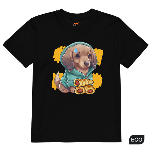 Black Sausage Dog Organic Cotton Kids T-Shirt featuring an adorable sausage roll dachshund graphic on the chest - Kids' Graphic Tees - Cute Graphic Dachshund T-Shirts - Boozy Fox