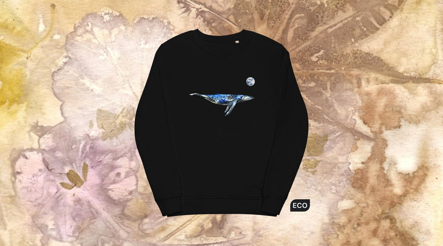 Black Organic Whale Sweatshirt With a Whale Under Moon Graphic On The Chest - Eco-Friendly Product Collection - Boozy Fox Sustainability