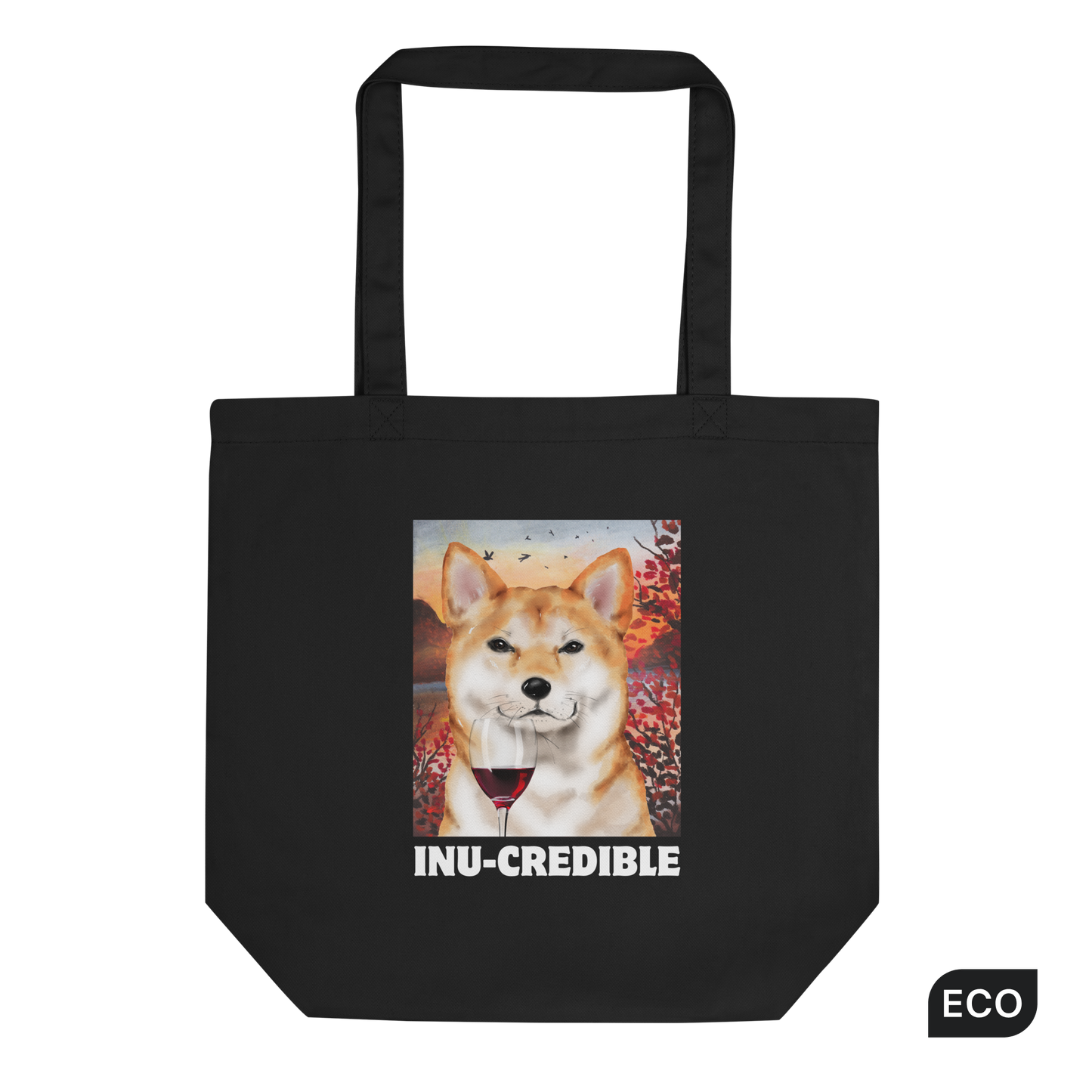 Black Shiba Inu Eco Tote Bag featuring a Inu-Credible Shiba Inu graphic - Shop Funny Organic Cotton Tote Bags Online - Boozy Fox
