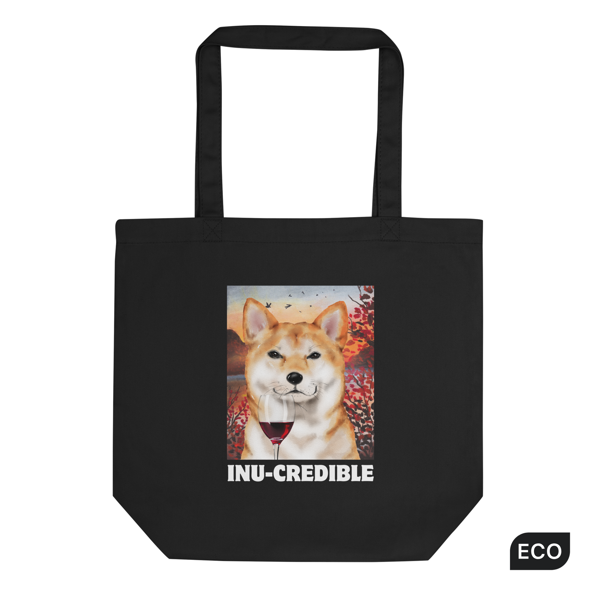 Black Shiba Inu Eco Tote Bag featuring a Inu-Credible Shiba Inu graphic - Shop Funny Organic Cotton Tote Bags Online - Boozy Fox