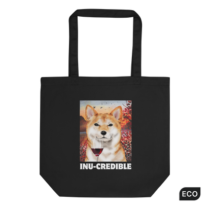 Black Shiba Inu Eco Tote Bag featuring a Inu-Credible Shiba Inu graphic - Shop Funny Organic Cotton Tote Bags Online - Boozy Fox