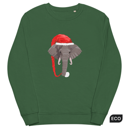 Bottle Green Organic Christmas Elephant Sweatshirt featuring a delight Elephant Wearing an Elf Hat graphic on the chest - Funny Christmas Graphic Elephant Sweatshirts - Boozy Fox