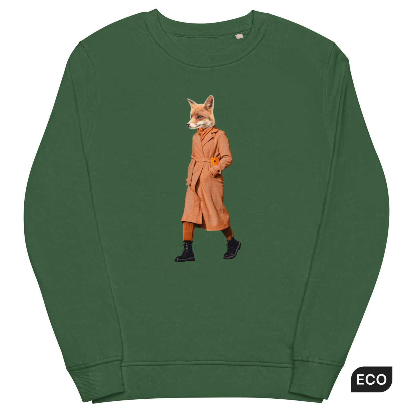 Bottle Green Organic Cotton Anthropomorphic Fox Sweatshirt showcasing a sly Anthropomorphic Fox In a Trench Coat graphic on the chest - Cool Anthropomorphic Fox Graphic Sweatshirts - Boozy Fox
