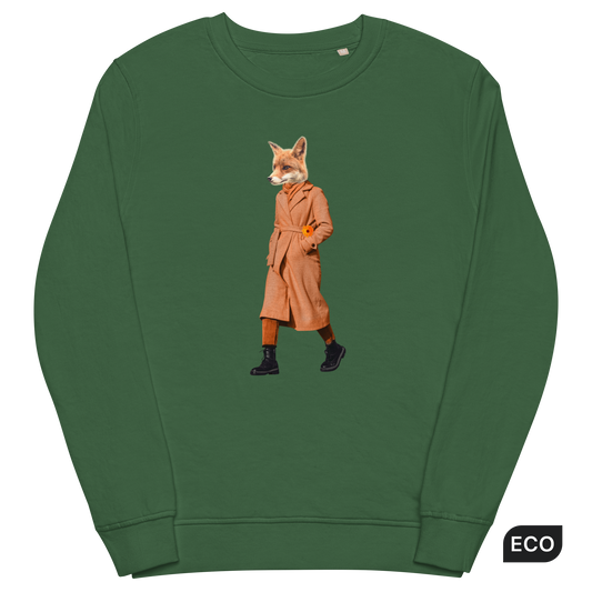 Bottle Green Organic Cotton Anthropomorphic Fox Sweatshirt showcasing a sly Anthropomorphic Fox In a Trench Coat graphic on the chest - Cool Anthropomorphic Fox Graphic Sweatshirts - Boozy Fox