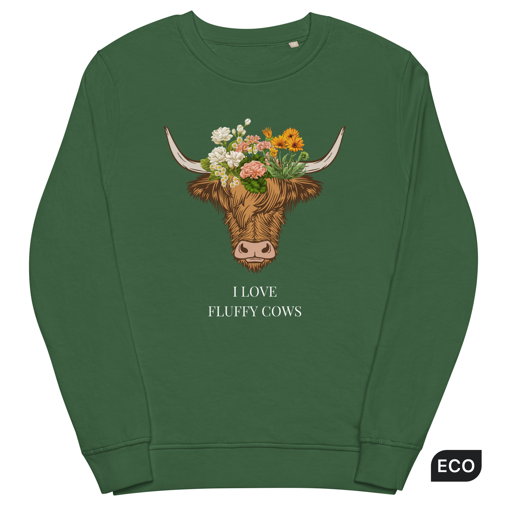 Bottle Green Organic Cotton Highland Cow Sweatshirt featuring an adorable I Love Fluffy Cows graphic on the chest - Cute Graphic Highland Cow Sweatshirts - Boozy Fox