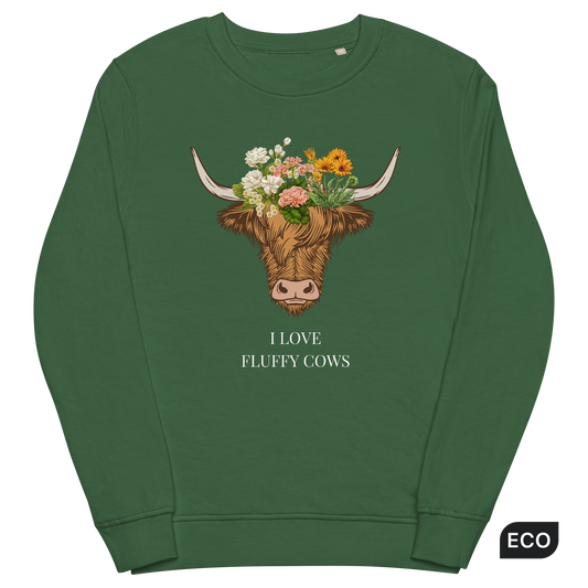 Bottle Green Organic Cotton Highland Cow Sweatshirt featuring an adorable I Love Fluffy Cows graphic on the chest - Cute Graphic Highland Cow Sweatshirts - Boozy Fox