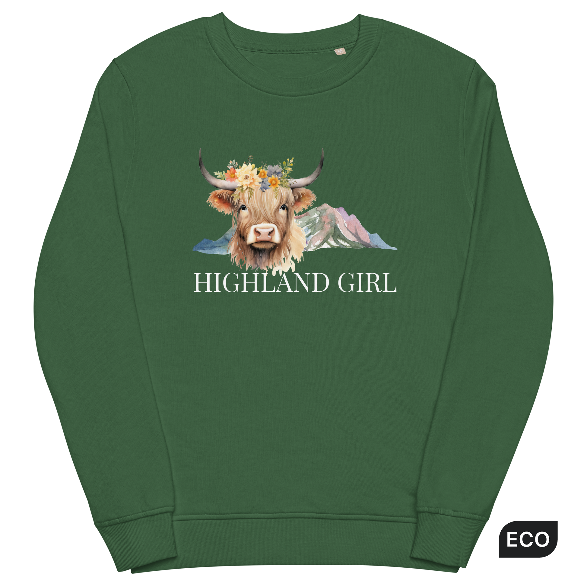 Bottle Green Organic Cotton Highland Cow Sweatshirt showcasing an adorable Highland Girl graphic on the chest - Cute Graphic Highland Cow Sweatshirts - Boozy Fox