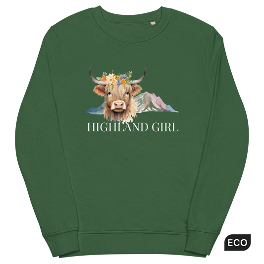 Bottle Green Organic Cotton Highland Cow Sweatshirt showcasing an adorable Highland Girl graphic on the chest - Cute Graphic Highland Cow Sweatshirts - Boozy Fox