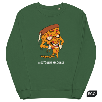 Bottle Green Organic Cotton Melting Pizza Sweatshirt featuring a Meltdown Madness graphic on the chest - Funny Graphic Pizza Sweatshirts - Boozy Fox