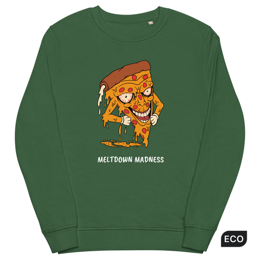 Bottle Green Organic Cotton Melting Pizza Sweatshirt featuring a Meltdown Madness graphic on the chest - Funny Graphic Pizza Sweatshirts - Boozy Fox