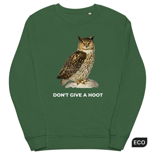 Bottle Green Organic Cotton Owl Sweatshirt featuring a captivating Don't Give a Hoot graphic on the chest - Funny Graphic Owl Sweatshirts - Boozy Fox