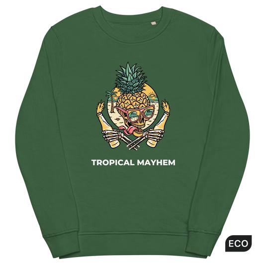 Bottle Green Organic Cotton Tropical Mayhem Sweatshirt featuring a Crazy Pineapple Skull graphic on the chest - Funny Graphic Pineapple Sweatshirts - Boozy Fox