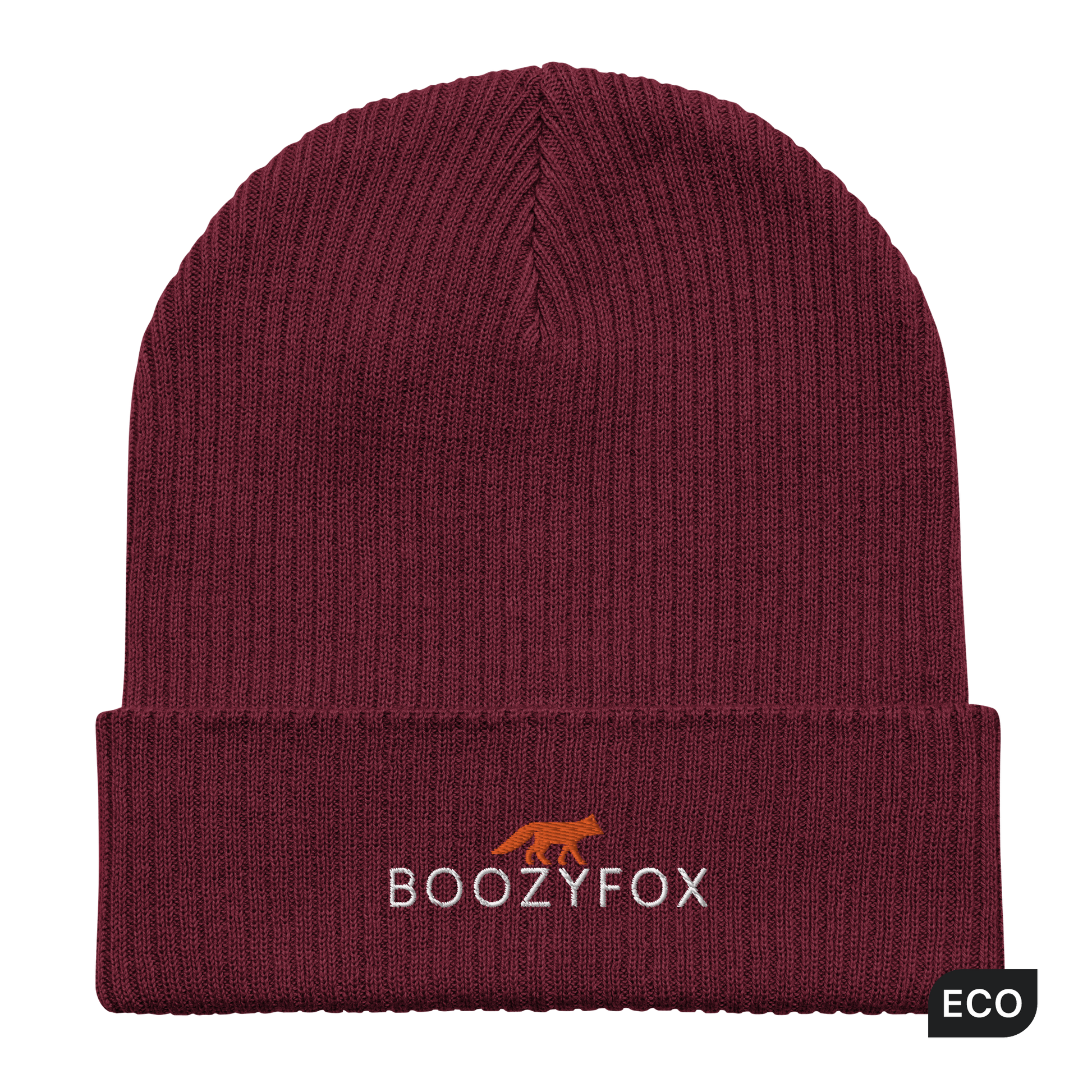 Burgundy Organic Ribbed Beanie With An Embroidered Boozy Fox Logo On Fold - Shop Organic Cotton Beanies Online - Boozy Fox