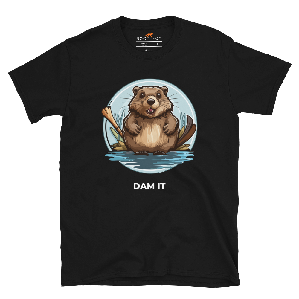 Black Beaver T-Shirt featuring a hilarious Dam It graphic on the chest - Funny Graphic Beaver T-Shirts - Boozy Fox