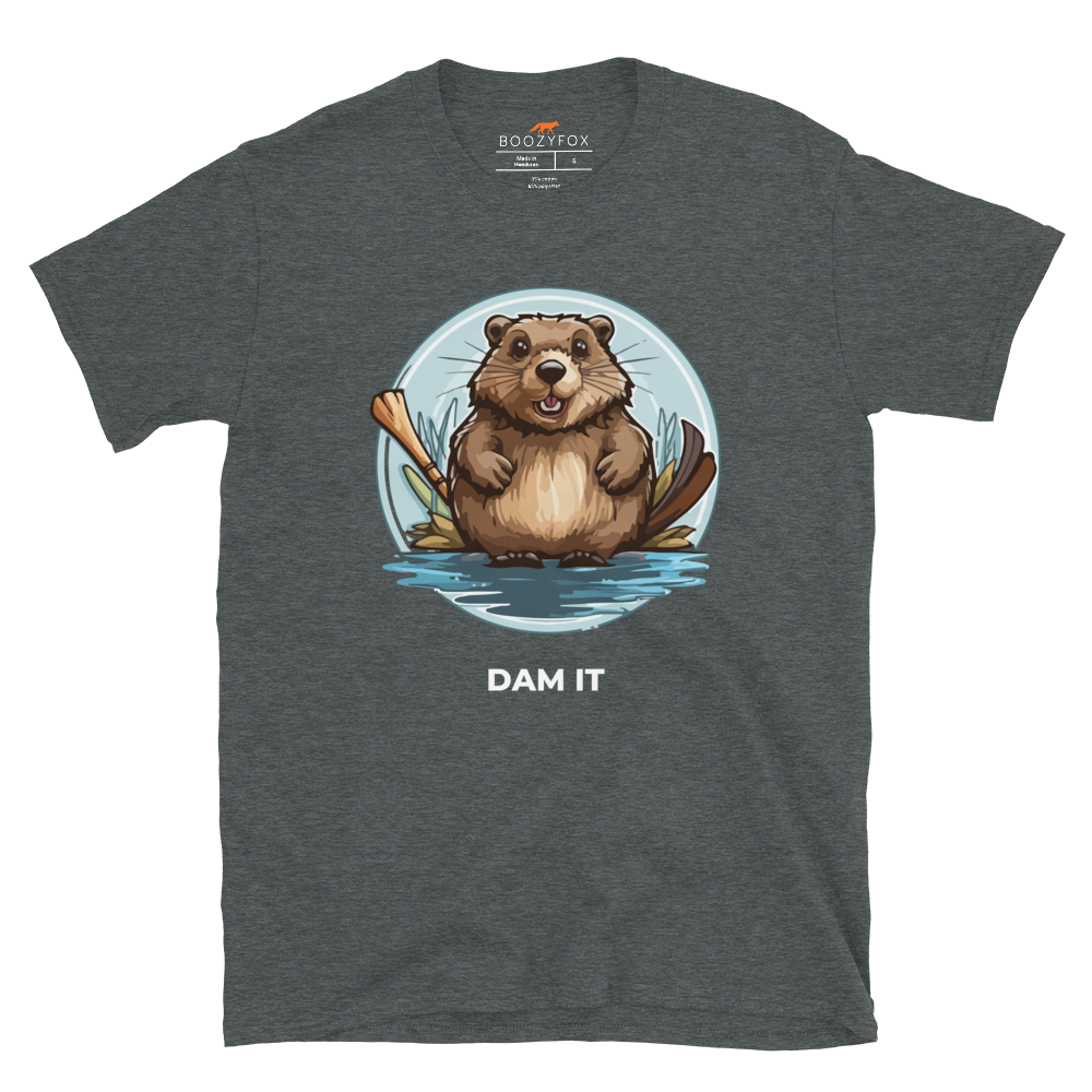 Dark Heather Beaver T-Shirt featuring a hilarious Dam It graphic on the chest - Funny Graphic Beaver T-Shirts - Boozy Fox