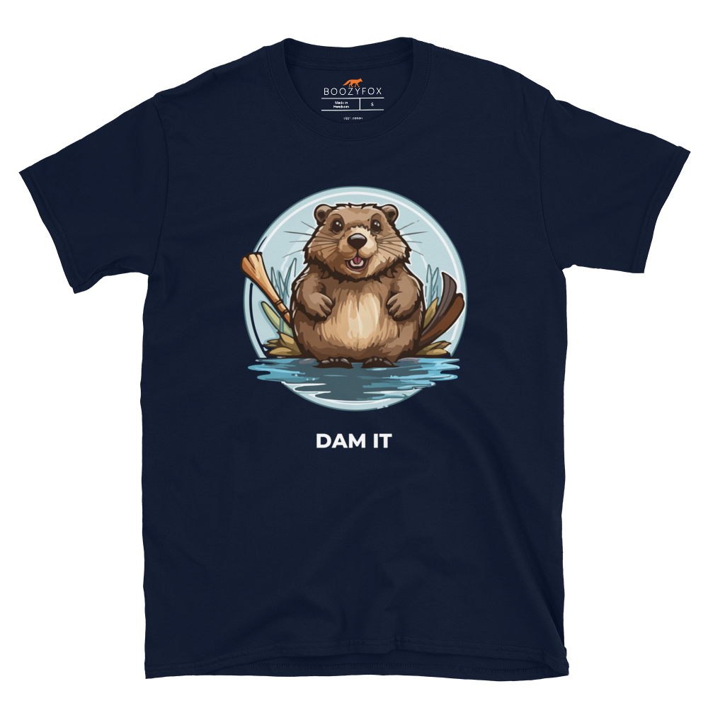 Navy Beaver T-Shirt featuring a hilarious Dam It graphic on the chest - Funny Graphic Beaver T-Shirts - Boozy Fox