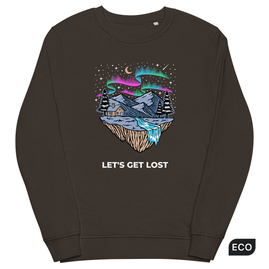 Deep Charcoal Grey Organic Cotton Let's Get Lost Sweatshirt featuring a mesmerizing night sky, adorned with stars and aurora borealis graphic on the chest - Cool Graphic Northern Lights Sweatshirts - Boozy Fox