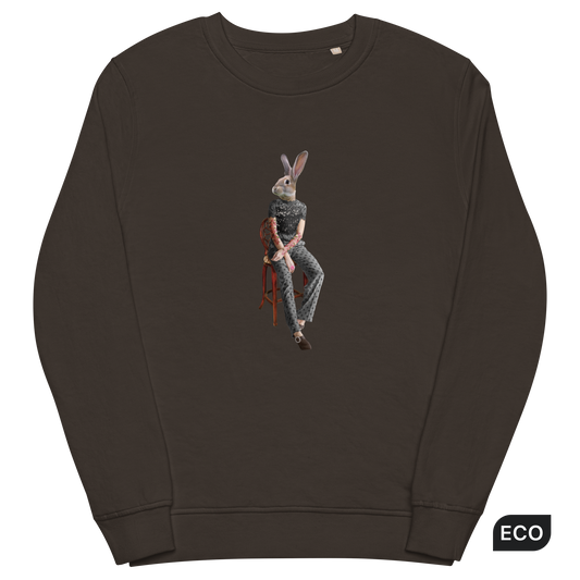 Deep Charcoal Grey Organic Cotton Rabbit Sweatshirt showcasing a captivating Anthropomorphic Rabbit graphic on the chest - Cute Graphic Rabbit Sweatshirts - Boozy Fox