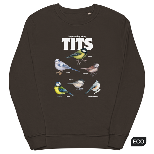 Deep Charcoal Grey Organic Cotton Tit Sweatshirt featuring a funny Stop Staring At My Tits graphic on the chest - Funny Graphic Tit Bird Sweatshirts - Boozy Fox