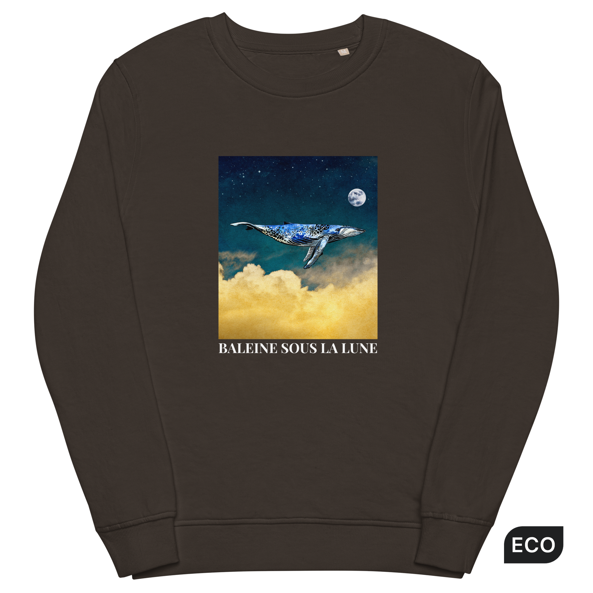 Deep Charcoal Grey Organic Cotton Whale Sweatshirt showcasing an enchanting Whale Under The Moon graphic on the chest - Cool Whale Graphic Sweatshirts - Boozy Fox
