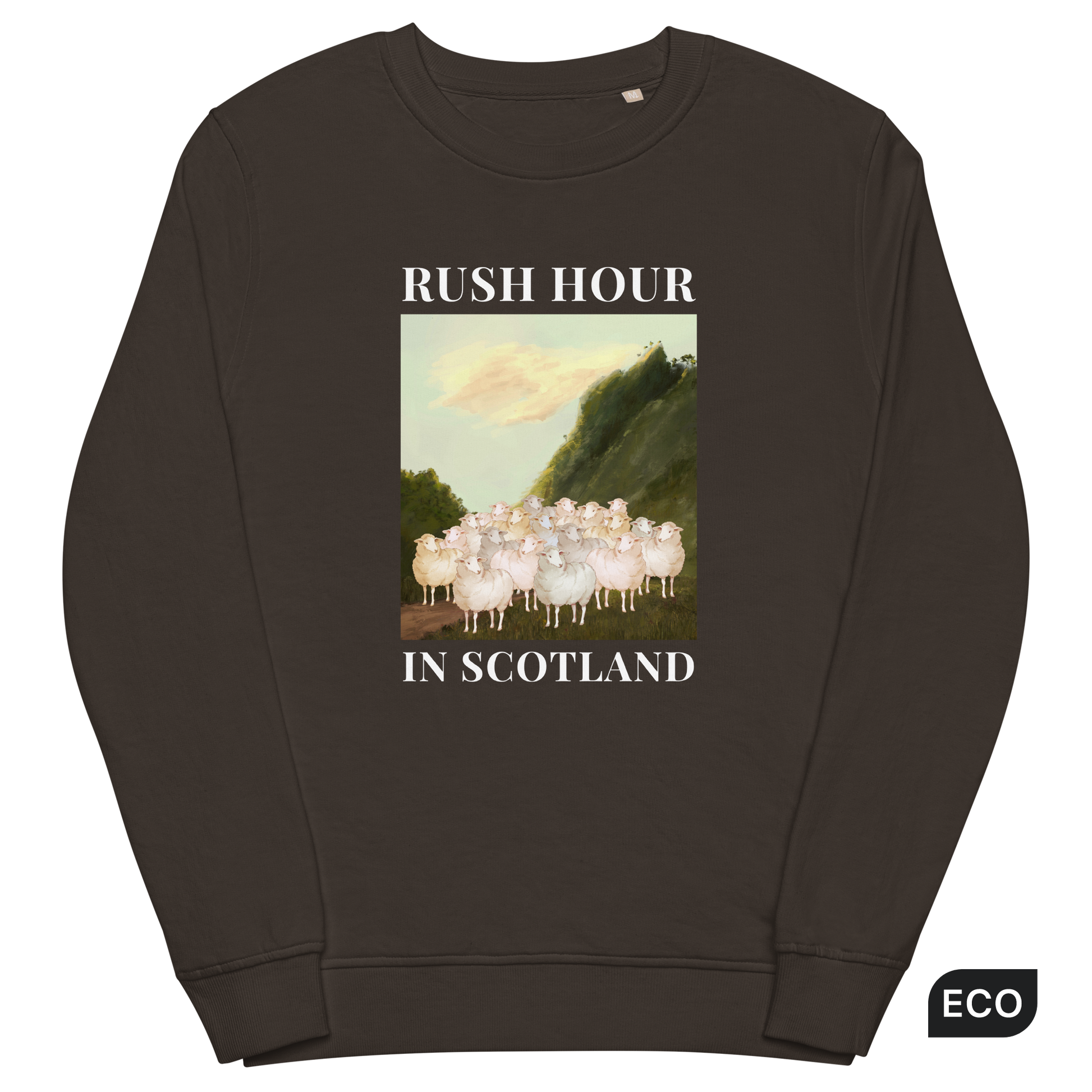 Deep Charcoal Grey Sheep Organic Sweatshirt featuring a comical Rush Hour In Scotland graphic on the chest - Artsy & Funny Graphic Sheep Sweatshirts - Boozy Fox
