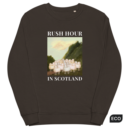 Deep Charcoal Grey Sheep Organic Sweatshirt featuring a comical Rush Hour In Scotland graphic on the chest - Artsy & Funny Graphic Sheep Sweatshirts - Boozy Fox