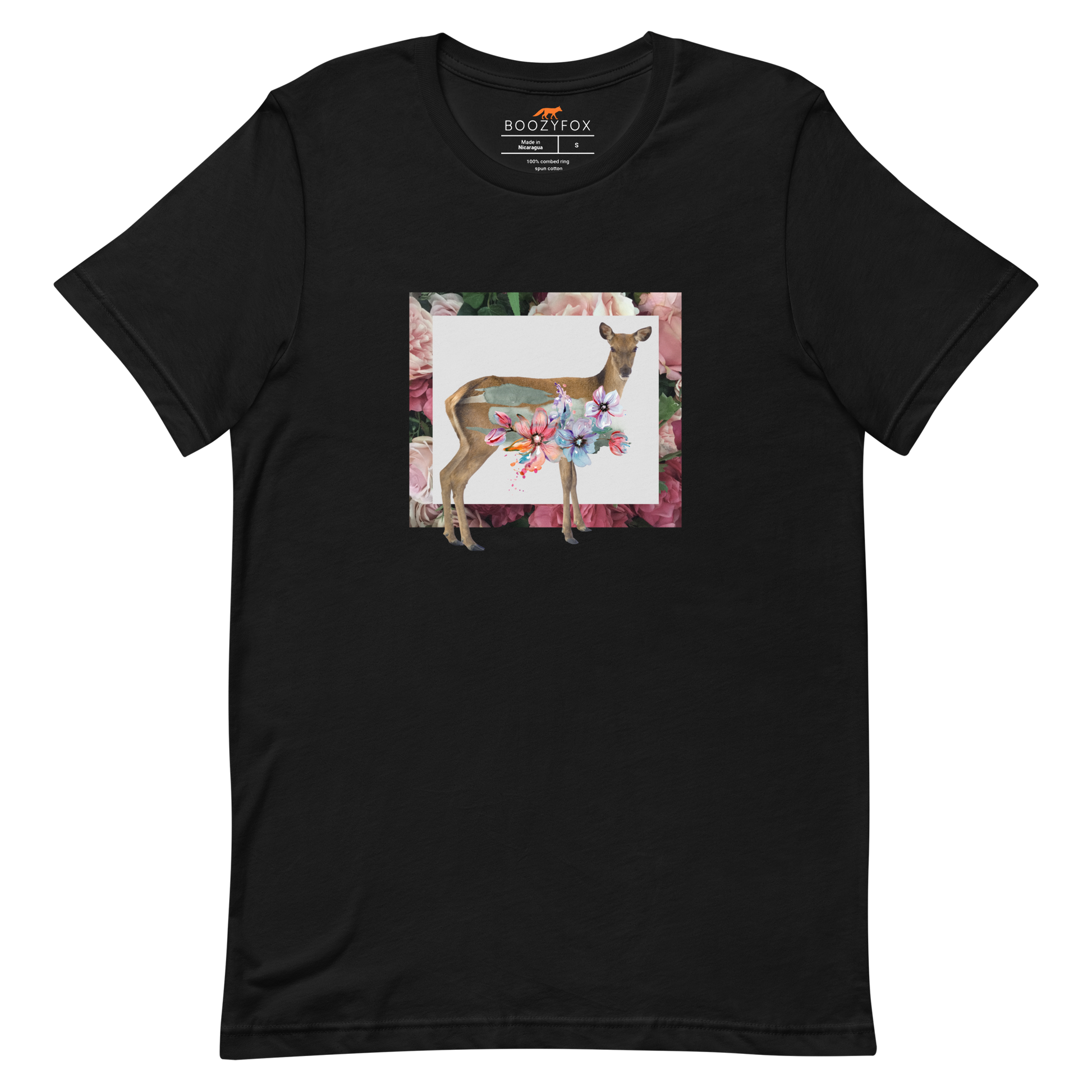 Black Premium Deer T-Shirt featuring a stunning Floral Deer graphic on the chest - Cute Graphic Deer Tees - Boozy Fox
