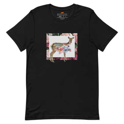 Black Premium Deer T-Shirt featuring a stunning Floral Deer graphic on the chest - Cute Graphic Deer Tees - Boozy Fox