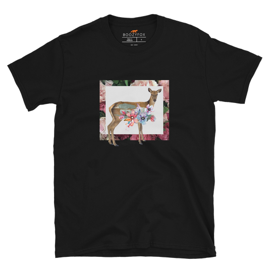 Black Deer T-Shirt featuring a captivating Floral Deer graphic on the chest - Cute Graphic Deer T-Shirts - Boozy Fox