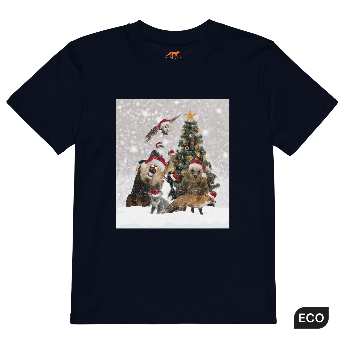 French Navy Christmas Animals Organic Cotton Kids T-Shirt featuring a delightful Christmas Tree Surrounded by Adorable Animals graphic on the chest - Kids' Graphic Tees - Funny Christmas Tee Shirts - Boozy Fox