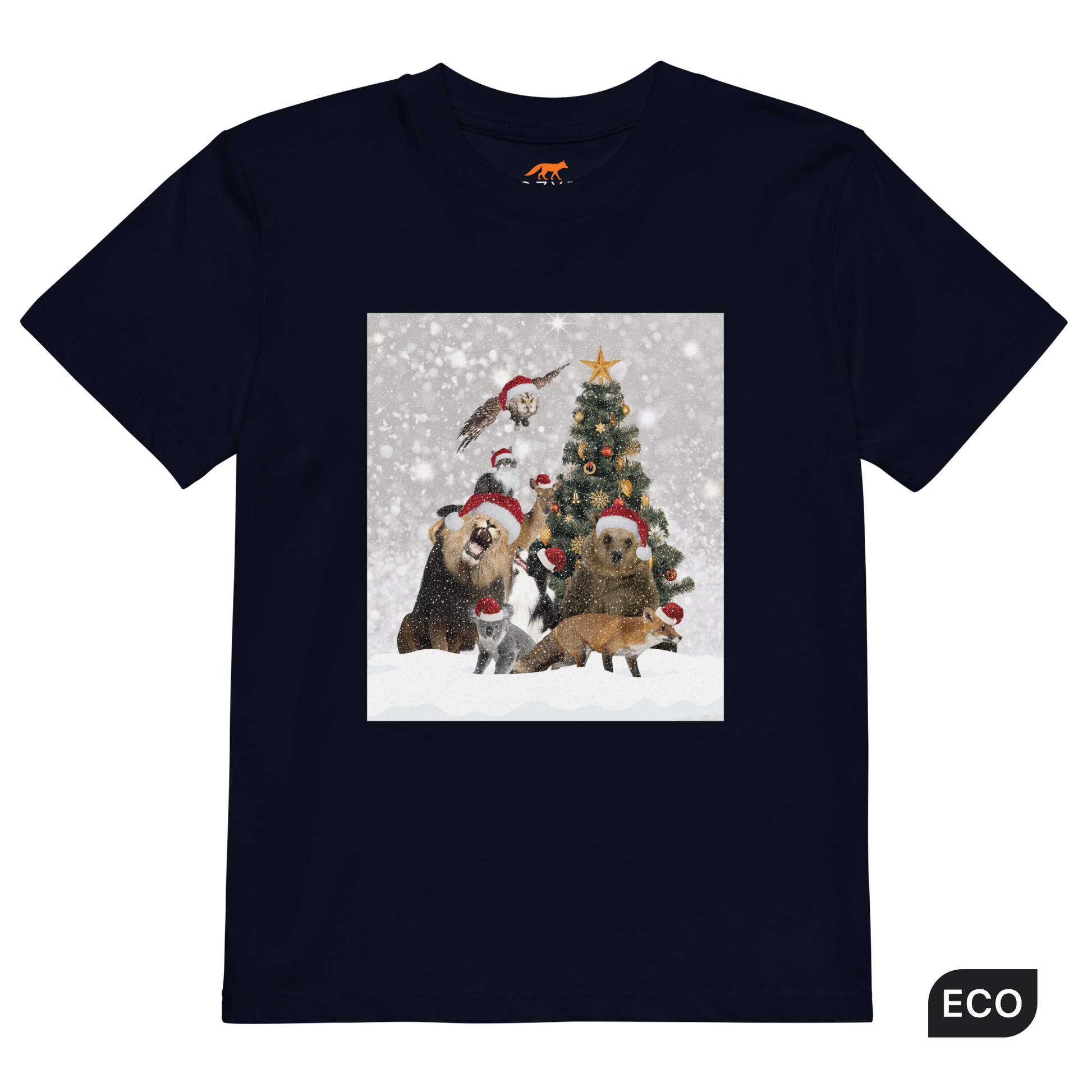 French Navy Christmas Animals Organic Cotton Kids T-Shirt featuring a delightful Christmas Tree Surrounded by Adorable Animals graphic on the chest - Kids' Graphic Tees - Funny Christmas Tee Shirts - Boozy Fox