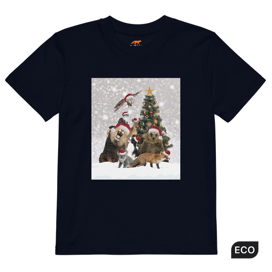 French Navy Christmas Animals Organic Cotton Kids T-Shirt featuring a delightful Christmas Tree Surrounded by Adorable Animals graphic on the chest - Kids' Graphic Tees - Funny Christmas Tee Shirts - Boozy Fox
