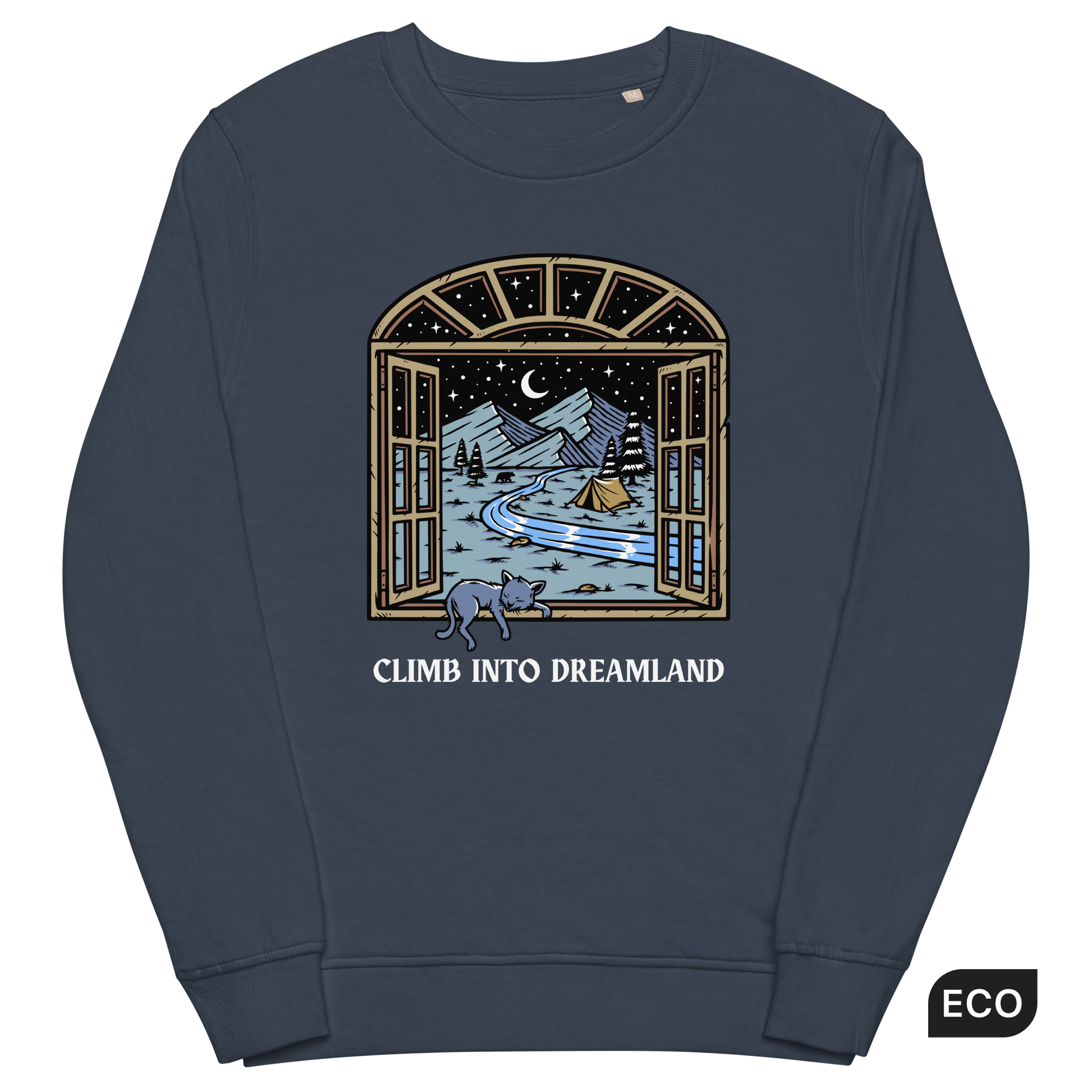 French Navy Organic Cotton Climb Into Dreamland Sweatshirt featuring a mesmerizing mountain view graphic on the chest - Cool Graphic Nature Sweatshirts - Boozy Fox